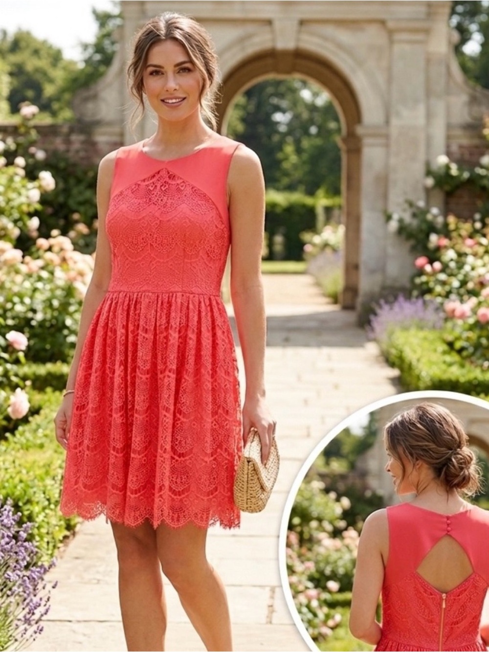 Jessica Simpson GUC Coral Lace
Fit & Flare exposed zipper eyelash 
Hem. Size 4